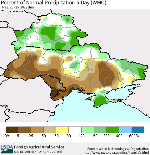 Ukraine, Moldova and Belarus Percent of Normal Precipitation 5-Day (WMO) Thematic Map For 5/21/2022 - 5/25/2022