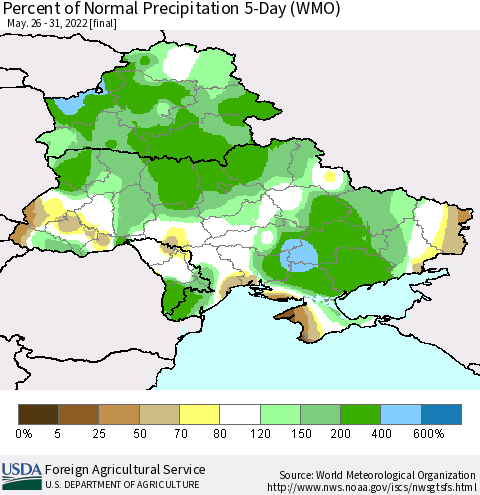 Ukraine, Moldova and Belarus Percent of Normal Precipitation 5-Day (WMO) Thematic Map For 5/26/2022 - 5/31/2022