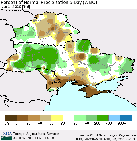 Ukraine, Moldova and Belarus Percent of Normal Precipitation 5-Day (WMO) Thematic Map For 6/1/2022 - 6/5/2022