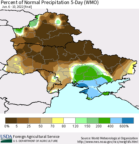Ukraine, Moldova and Belarus Percent of Normal Precipitation 5-Day (WMO) Thematic Map For 6/6/2022 - 6/10/2022