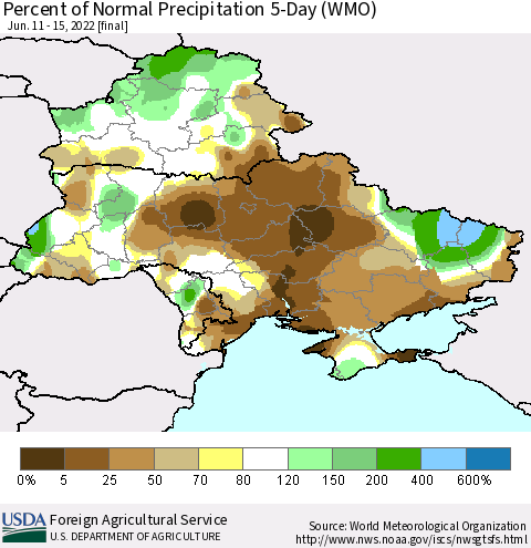 Ukraine, Moldova and Belarus Percent of Normal Precipitation 5-Day (WMO) Thematic Map For 6/11/2022 - 6/15/2022