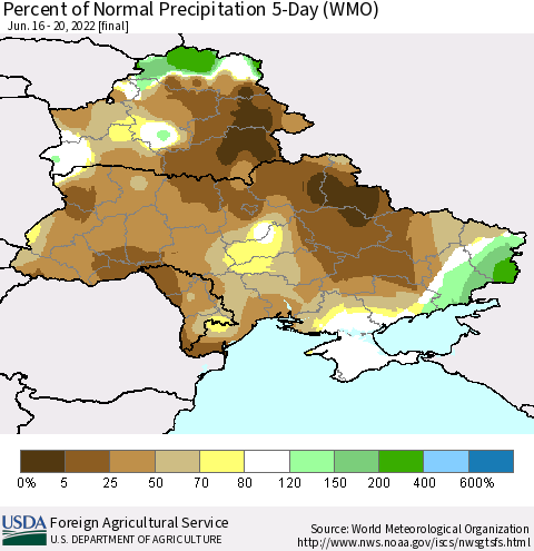 Ukraine, Moldova and Belarus Percent of Normal Precipitation 5-Day (WMO) Thematic Map For 6/16/2022 - 6/20/2022