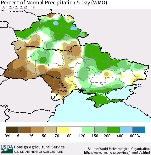 Ukraine, Moldova and Belarus Percent of Normal Precipitation 5-Day (WMO) Thematic Map For 6/21/2022 - 6/25/2022
