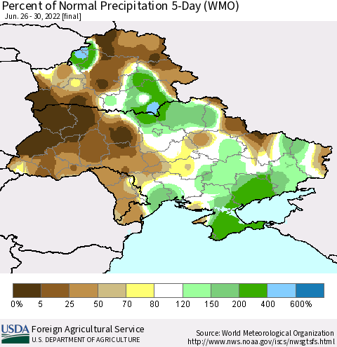 Ukraine, Moldova and Belarus Percent of Normal Precipitation 5-Day (WMO) Thematic Map For 6/26/2022 - 6/30/2022