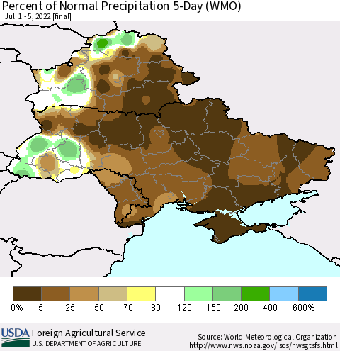 Ukraine, Moldova and Belarus Percent of Normal Precipitation 5-Day (WMO) Thematic Map For 7/1/2022 - 7/5/2022