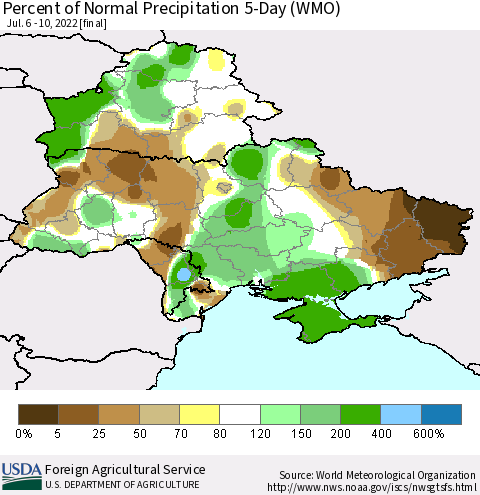 Ukraine, Moldova and Belarus Percent of Normal Precipitation 5-Day (WMO) Thematic Map For 7/6/2022 - 7/10/2022