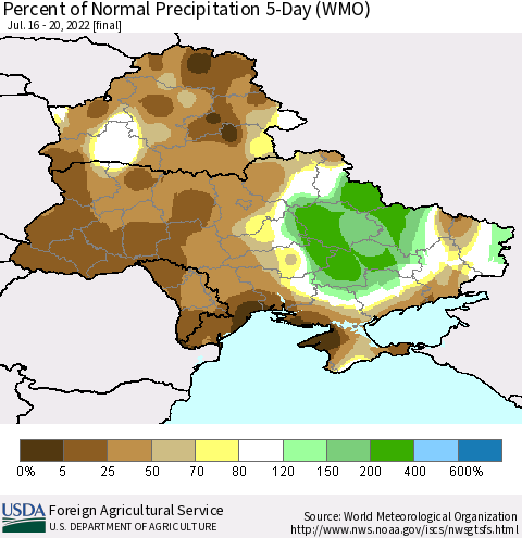 Ukraine, Moldova and Belarus Percent of Normal Precipitation 5-Day (WMO) Thematic Map For 7/16/2022 - 7/20/2022