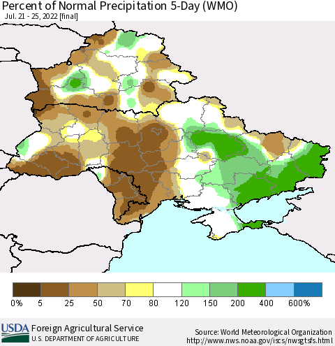Ukraine, Moldova and Belarus Percent of Normal Precipitation 5-Day (WMO) Thematic Map For 7/21/2022 - 7/25/2022