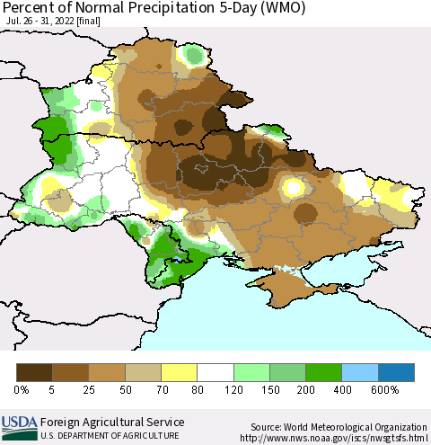 Ukraine, Moldova and Belarus Percent of Normal Precipitation 5-Day (WMO) Thematic Map For 7/26/2022 - 7/31/2022