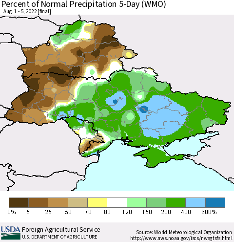 Ukraine, Moldova and Belarus Percent of Normal Precipitation 5-Day (WMO) Thematic Map For 8/1/2022 - 8/5/2022