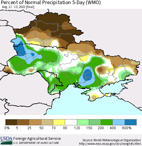 Ukraine, Moldova and Belarus Percent of Normal Precipitation 5-Day (WMO) Thematic Map For 8/11/2022 - 8/15/2022