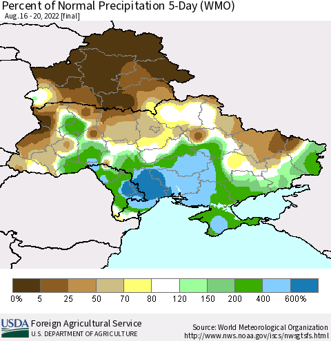 Ukraine, Moldova and Belarus Percent of Normal Precipitation 5-Day (WMO) Thematic Map For 8/16/2022 - 8/20/2022
