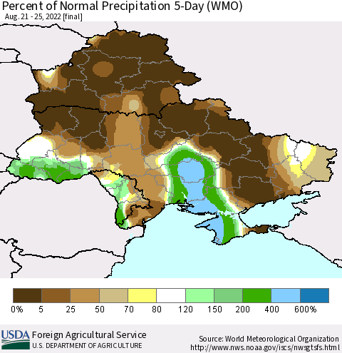 Ukraine, Moldova and Belarus Percent of Normal Precipitation 5-Day (WMO) Thematic Map For 8/21/2022 - 8/25/2022