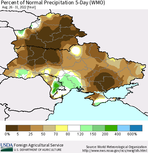 Ukraine, Moldova and Belarus Percent of Normal Precipitation 5-Day (WMO) Thematic Map For 8/26/2022 - 8/31/2022