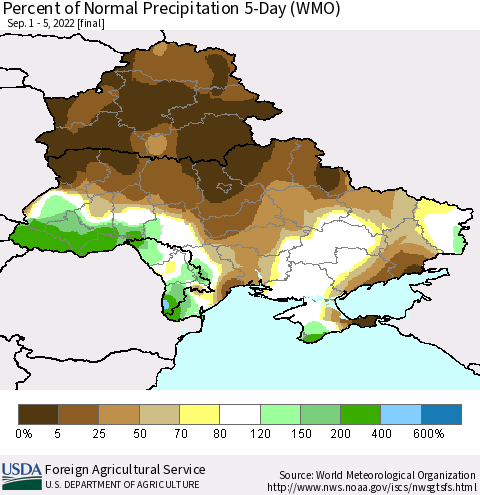Ukraine, Moldova and Belarus Percent of Normal Precipitation 5-Day (WMO) Thematic Map For 9/1/2022 - 9/5/2022