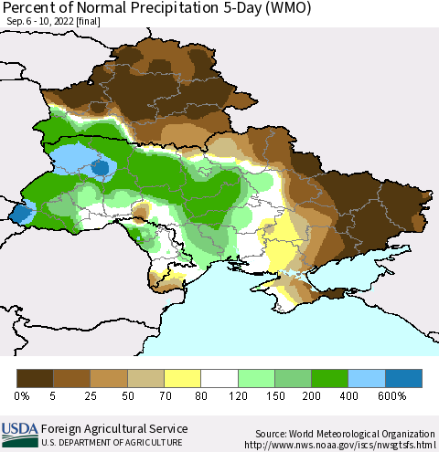 Ukraine, Moldova and Belarus Percent of Normal Precipitation 5-Day (WMO) Thematic Map For 9/6/2022 - 9/10/2022