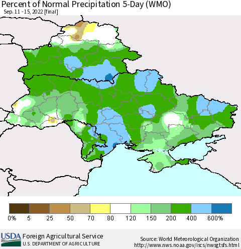 Ukraine, Moldova and Belarus Percent of Normal Precipitation 5-Day (WMO) Thematic Map For 9/11/2022 - 9/15/2022