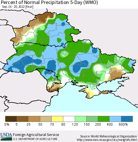 Ukraine, Moldova and Belarus Percent of Normal Precipitation 5-Day (WMO) Thematic Map For 9/16/2022 - 9/20/2022