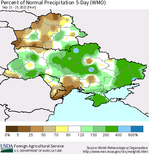 Ukraine, Moldova and Belarus Percent of Normal Precipitation 5-Day (WMO) Thematic Map For 9/21/2022 - 9/25/2022