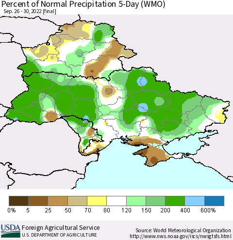 Ukraine, Moldova and Belarus Percent of Normal Precipitation 5-Day (WMO) Thematic Map For 9/26/2022 - 9/30/2022