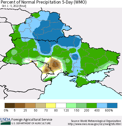 Ukraine, Moldova and Belarus Percent of Normal Precipitation 5-Day (WMO) Thematic Map For 10/1/2022 - 10/5/2022
