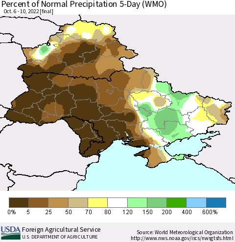 Ukraine, Moldova and Belarus Percent of Normal Precipitation 5-Day (WMO) Thematic Map For 10/6/2022 - 10/10/2022
