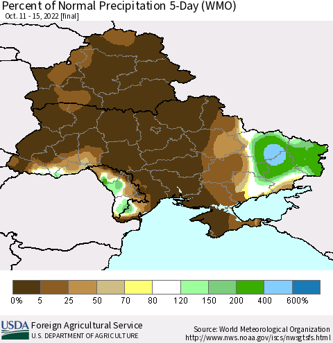 Ukraine, Moldova and Belarus Percent of Normal Precipitation 5-Day (WMO) Thematic Map For 10/11/2022 - 10/15/2022