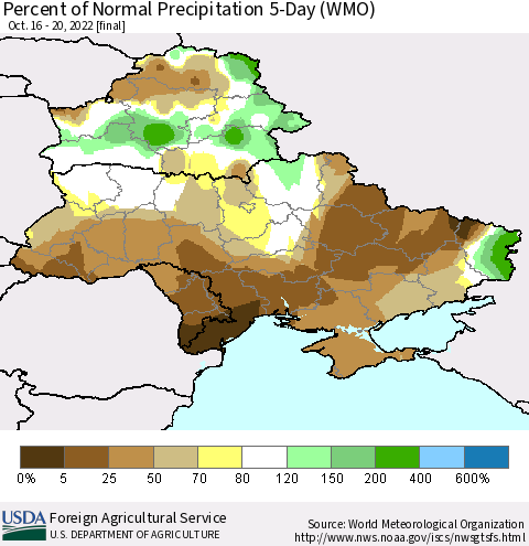 Ukraine, Moldova and Belarus Percent of Normal Precipitation 5-Day (WMO) Thematic Map For 10/16/2022 - 10/20/2022