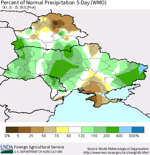 Ukraine, Moldova and Belarus Percent of Normal Precipitation 5-Day (WMO) Thematic Map For 10/21/2022 - 10/25/2022