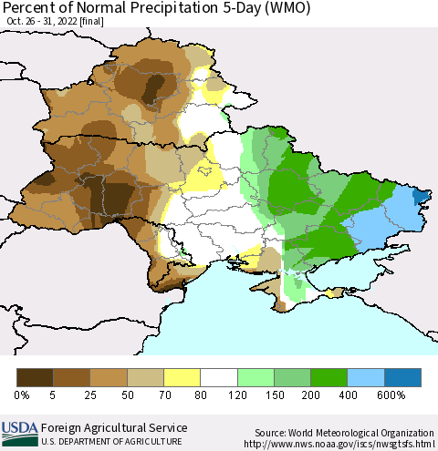 Ukraine, Moldova and Belarus Percent of Normal Precipitation 5-Day (WMO) Thematic Map For 10/26/2022 - 10/31/2022