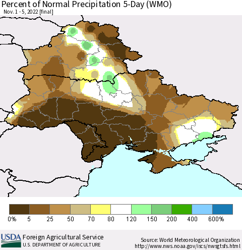 Ukraine, Moldova and Belarus Percent of Normal Precipitation 5-Day (WMO) Thematic Map For 11/1/2022 - 11/5/2022