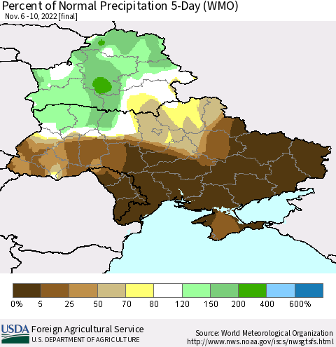 Ukraine, Moldova and Belarus Percent of Normal Precipitation 5-Day (WMO) Thematic Map For 11/6/2022 - 11/10/2022