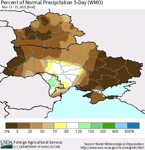 Ukraine, Moldova and Belarus Percent of Normal Precipitation 5-Day (WMO) Thematic Map For 11/11/2022 - 11/15/2022
