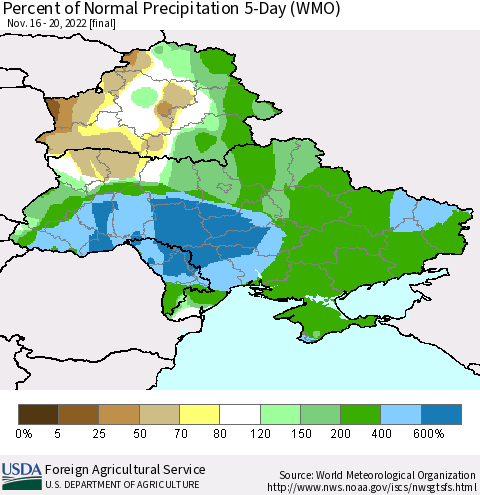 Ukraine, Moldova and Belarus Percent of Normal Precipitation 5-Day (WMO) Thematic Map For 11/16/2022 - 11/20/2022