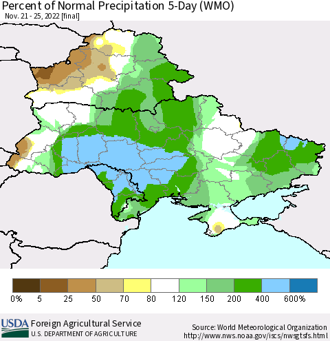 Ukraine, Moldova and Belarus Percent of Normal Precipitation 5-Day (WMO) Thematic Map For 11/21/2022 - 11/25/2022
