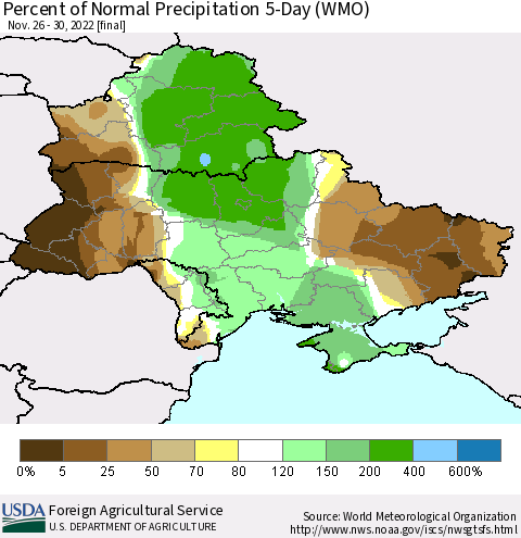 Ukraine, Moldova and Belarus Percent of Normal Precipitation 5-Day (WMO) Thematic Map For 11/26/2022 - 11/30/2022
