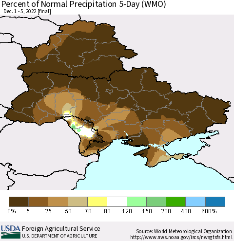 Ukraine, Moldova and Belarus Percent of Normal Precipitation 5-Day (WMO) Thematic Map For 12/1/2022 - 12/5/2022