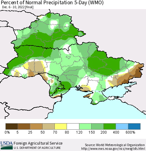 Ukraine, Moldova and Belarus Percent of Normal Precipitation 5-Day (WMO) Thematic Map For 12/6/2022 - 12/10/2022