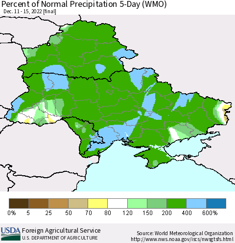 Ukraine, Moldova and Belarus Percent of Normal Precipitation 5-Day (WMO) Thematic Map For 12/11/2022 - 12/15/2022