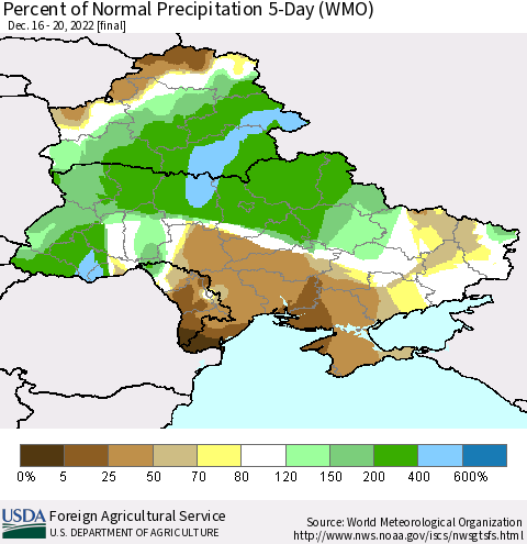 Ukraine, Moldova and Belarus Percent of Normal Precipitation 5-Day (WMO) Thematic Map For 12/16/2022 - 12/20/2022