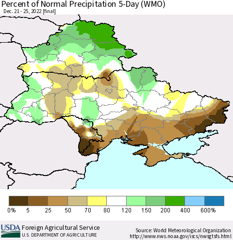 Ukraine, Moldova and Belarus Percent of Normal Precipitation 5-Day (WMO) Thematic Map For 12/21/2022 - 12/25/2022