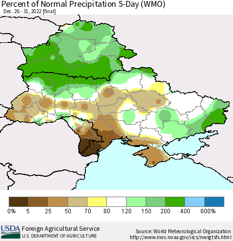 Ukraine, Moldova and Belarus Percent of Normal Precipitation 5-Day (WMO) Thematic Map For 12/26/2022 - 12/31/2022