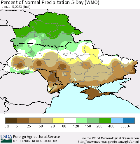 Ukraine, Moldova and Belarus Percent of Normal Precipitation 5-Day (WMO) Thematic Map For 1/1/2023 - 1/5/2023