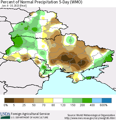 Ukraine, Moldova and Belarus Percent of Normal Precipitation 5-Day (WMO) Thematic Map For 1/6/2023 - 1/10/2023