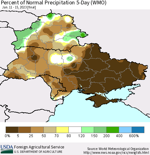 Ukraine, Moldova and Belarus Percent of Normal Precipitation 5-Day (WMO) Thematic Map For 1/11/2023 - 1/15/2023