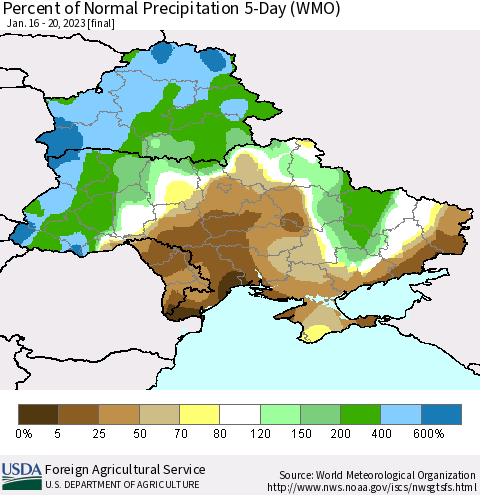 Ukraine, Moldova and Belarus Percent of Normal Precipitation 5-Day (WMO) Thematic Map For 1/16/2023 - 1/20/2023