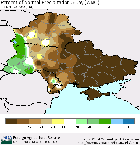 Ukraine, Moldova and Belarus Percent of Normal Precipitation 5-Day (WMO) Thematic Map For 1/21/2023 - 1/25/2023