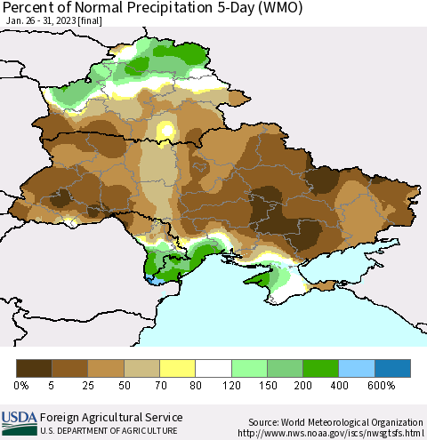 Ukraine, Moldova and Belarus Percent of Normal Precipitation 5-Day (WMO) Thematic Map For 1/26/2023 - 1/31/2023
