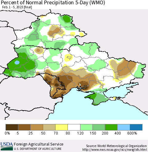 Ukraine, Moldova and Belarus Percent of Normal Precipitation 5-Day (WMO) Thematic Map For 2/1/2023 - 2/5/2023