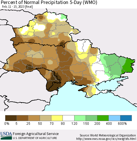 Ukraine, Moldova and Belarus Percent of Normal Precipitation 5-Day (WMO) Thematic Map For 2/11/2023 - 2/15/2023